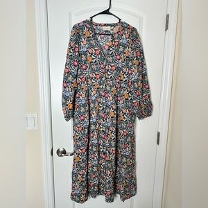 Floral Tiered Midi Dress | Long Sleeve Button Front | Size L | Cottage Core